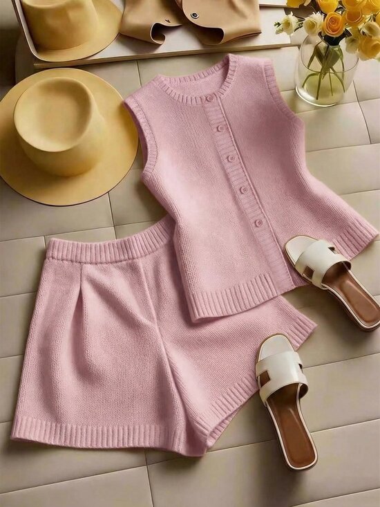 Sweaters - Pink Casual Women's Single-Breasted Knit Cardigan & Shorts 2-Piece Sweater Set